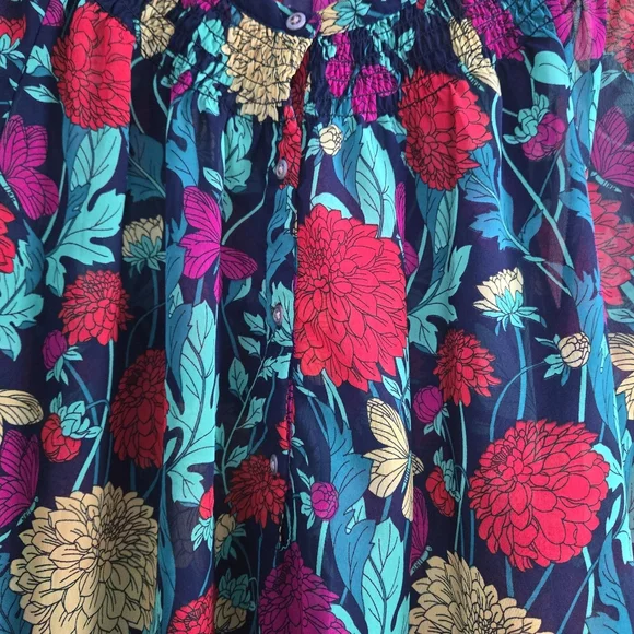 Banana Republic Smocked Floral Butterfly Womens Large Button Blouse Top - Picture 5 of 9